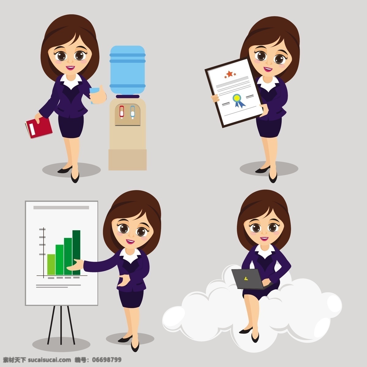 四 种 不同 姿势 年轻 商业 女性 形象 动画 插图 卡通 办公室 图表 演示 公司 人物
