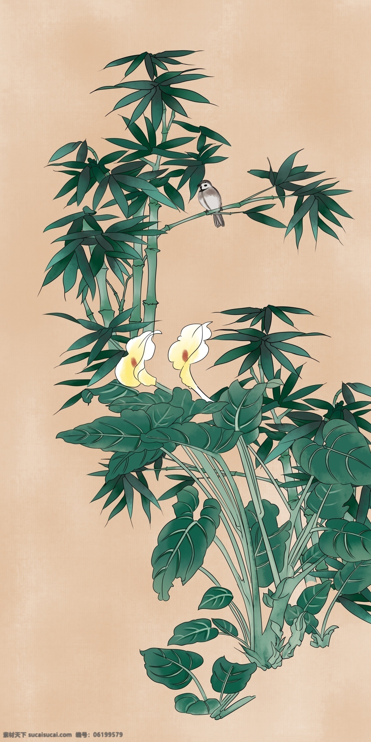 工笔 竹子 手绘 插画 绿色的竹子 绿色的叶子 植物装饰 飞舞的小鸟 黄色的小花
