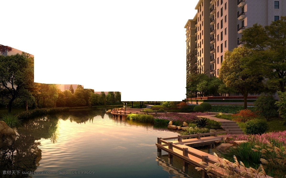 小区黄昏 黄昏 小区 水景 植物 建筑 绿化 水塘 花 日落 环境设计 景观设计