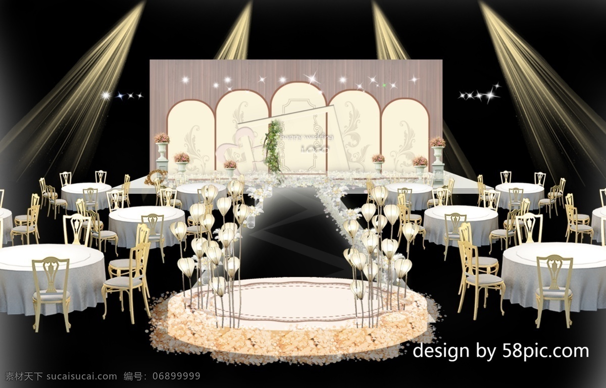 室内设计 香槟 色 婚礼 主 舞台 效果图 灯光 拱门 布幔 圆台 花瓣 合欢灯 桌椅 罗马缸 绿叶 方框 路引 羽毛