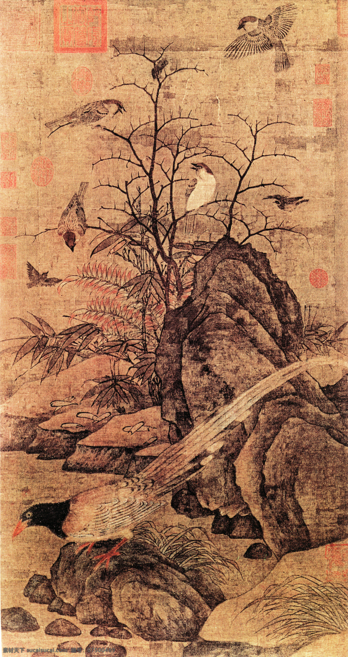 中国 花鸟画 名家 黄 居 宋 书画 真迹 山 鹧 棘 雀 图 古画 花鸟 书画真迹 山鹧棘雀图 中国花鸟画 名家黄居宋 立轴 绢本设色 野水坡石 竹草棘枝 衬 出 神采 各异 鸟雀