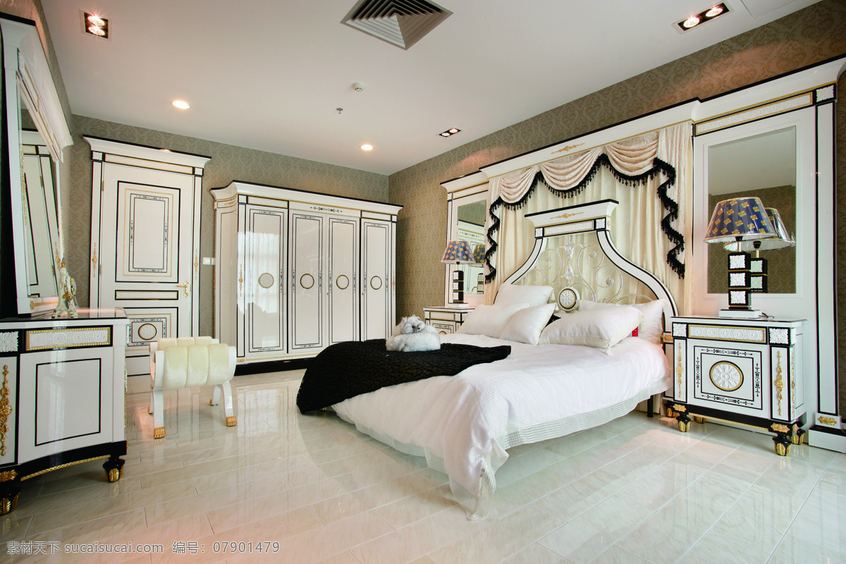 欧式 卧室 台灯 装修 效果图 白色射灯 储物柜 床铺 床头柜 方形吊顶 浅色木地板
