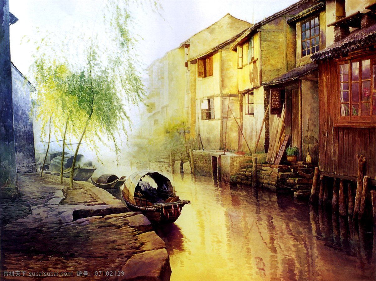 江南水乡 油画江南 水乡行舟 山水风景 山水 水乡烟云 油画 文化艺术 绘画书法