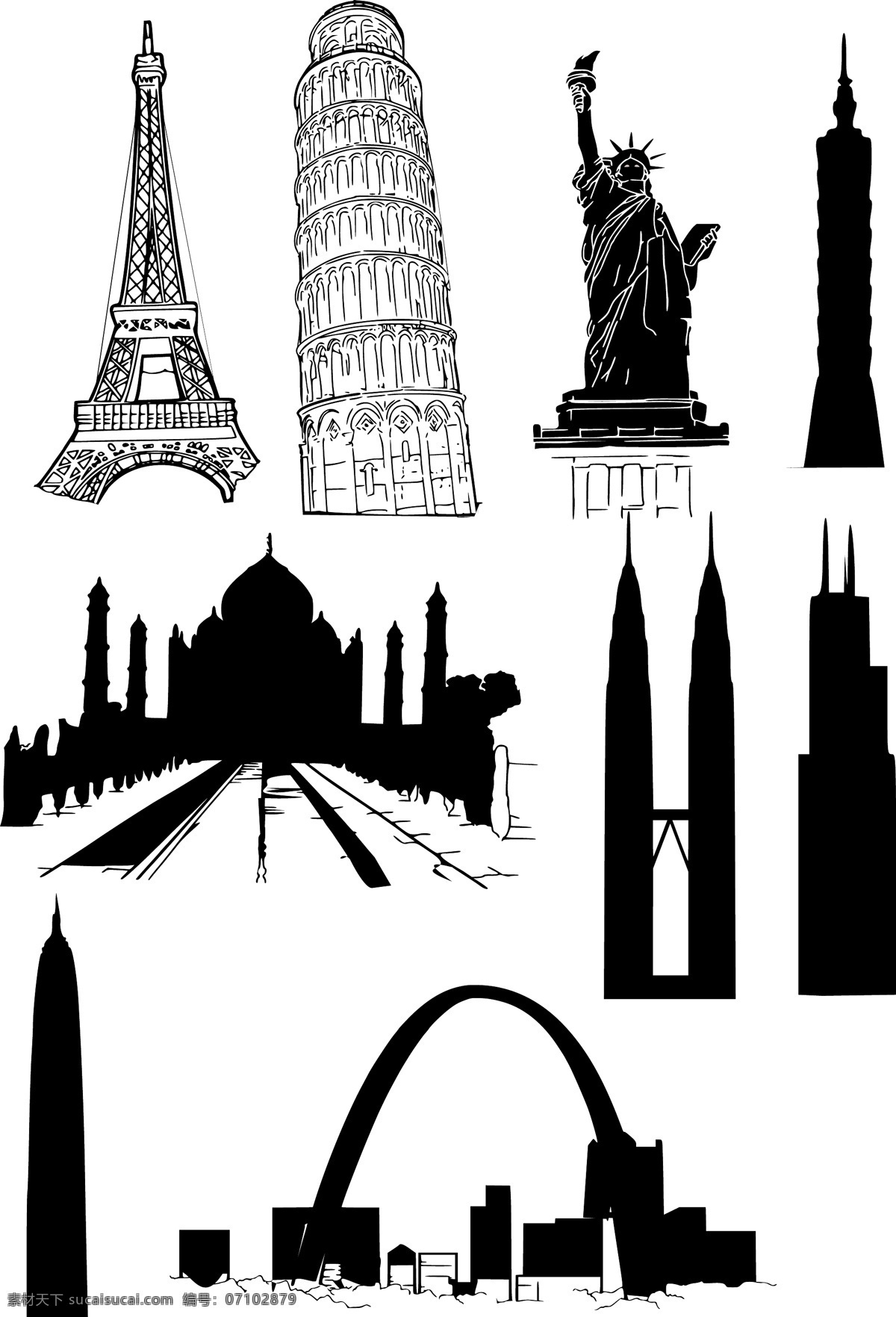 国外 著名 建筑 矢量 埃菲尔铁塔 比萨斜塔 材料 建筑物 欧洲 外 钟楼 自由女神像 竞技场 著名的 矢量图 其他矢量图