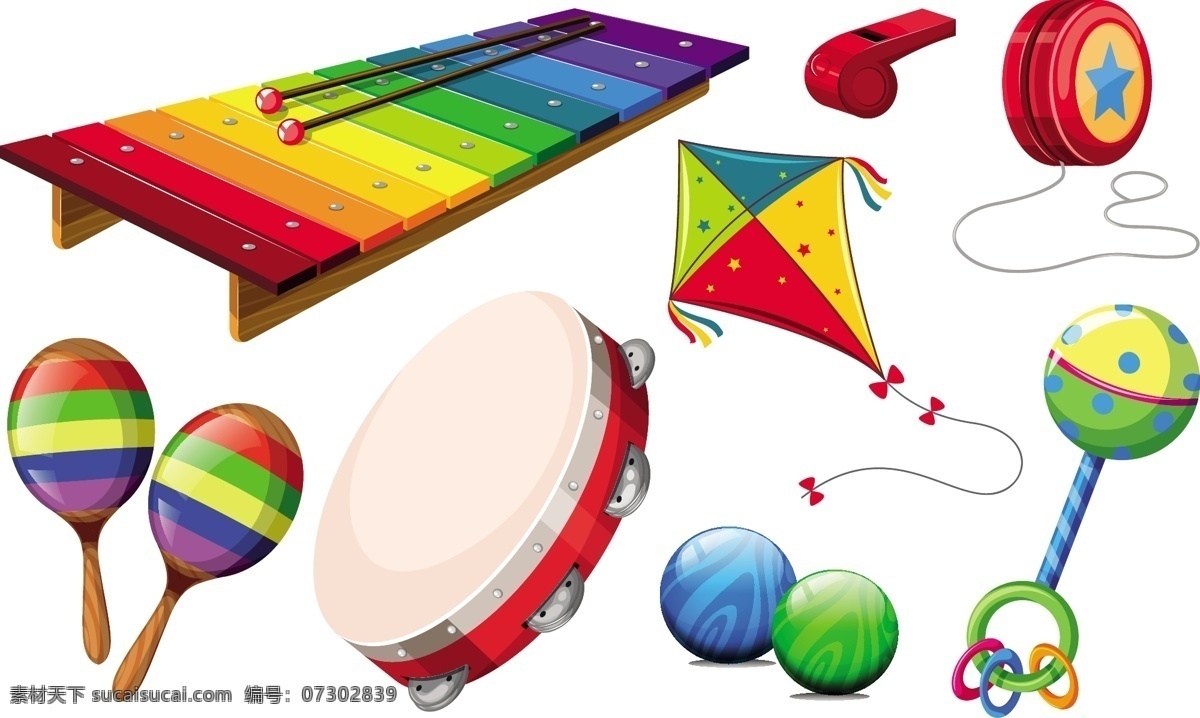 彩色的玩具 玩具 颜色 风筝 收集 集有色 沙球 铃鼓 木琴 色