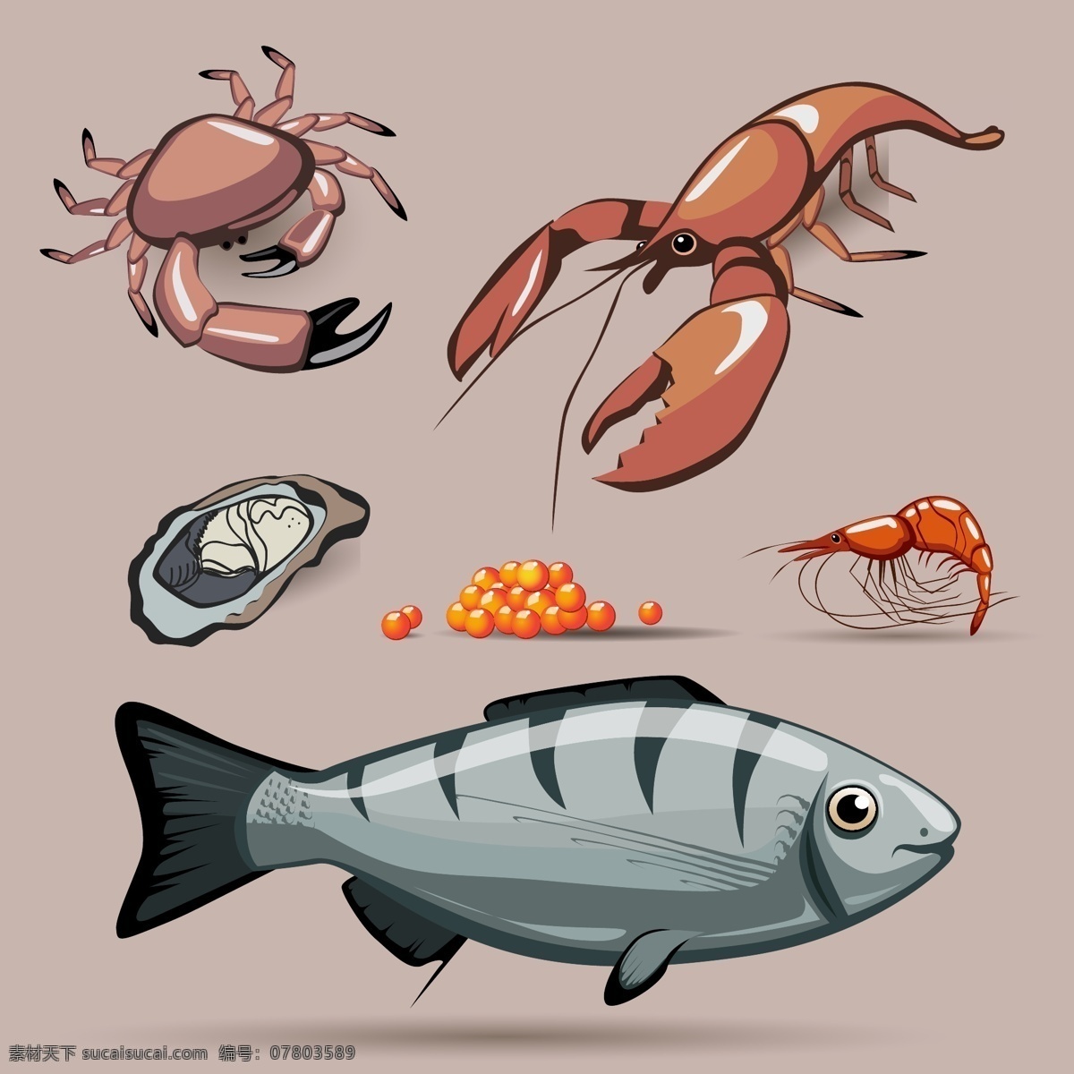 新鲜 美味 海鲜 插画 食材 螃蟹 龙虾 鱼子酱 罗非鱼