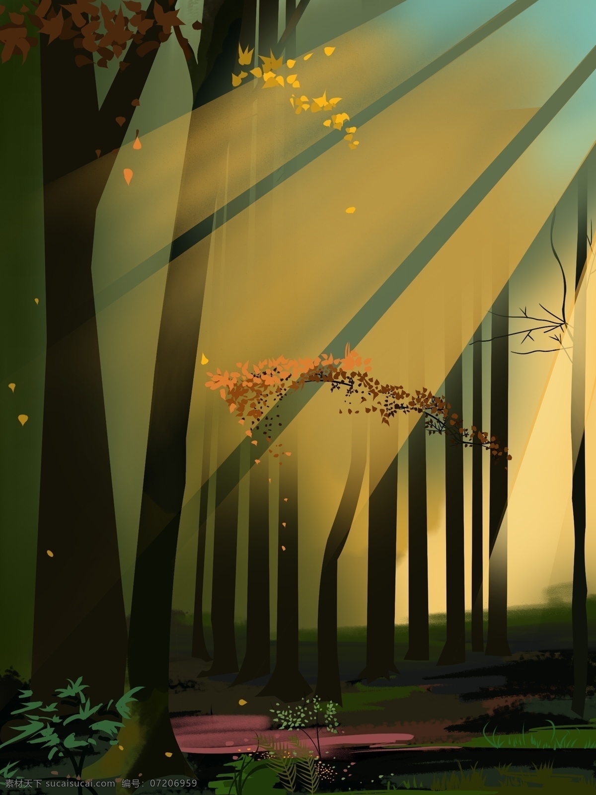 唯美 森林 风景 插画 图案 叶子 阳光 树林