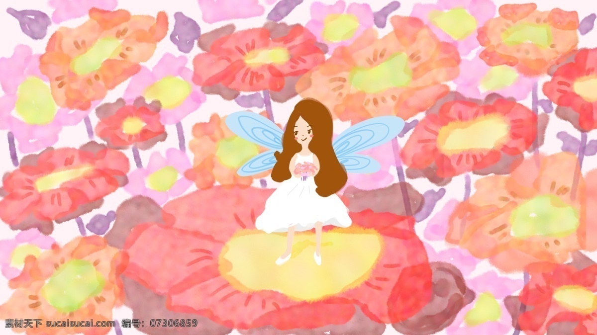 唯美 浪漫 童话 原创 插画 花海 中 花仙子 红色 翅膀 你好 8月 八月 你好系列 月签 夏季 夏天 夏日 花 粉色 灿烂 女孩 朋友圈配图 手机壁纸 插图 配图 微博配图 公众号配图 文章配图