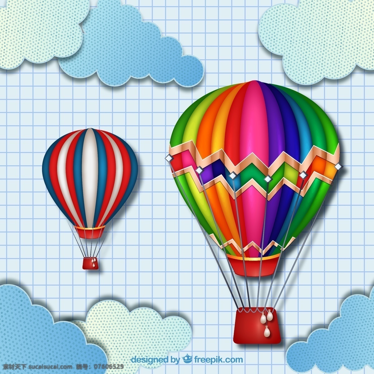 彩色 热气球 矢量 云朵 格子本 天空 剪贴 矢量图 ai格式 底纹 卡通设计