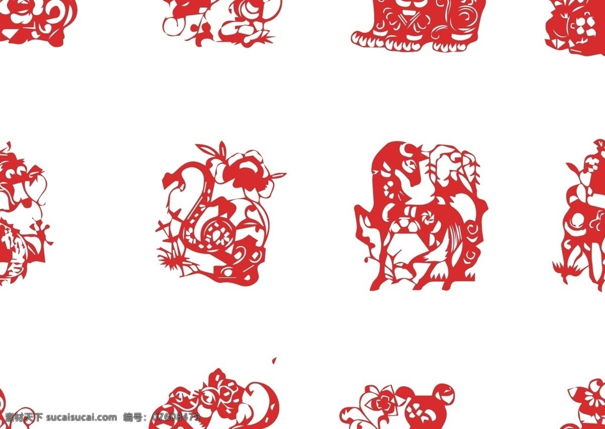 新春 十二生肖 中国 剪纸 摆 拍 鼠 牛 虎 兔 龙 蛇 马 羊 猴 鸡 狗 猪 背景 新年 工艺品 窗花 传统 红色 文化艺术 节日庆祝
