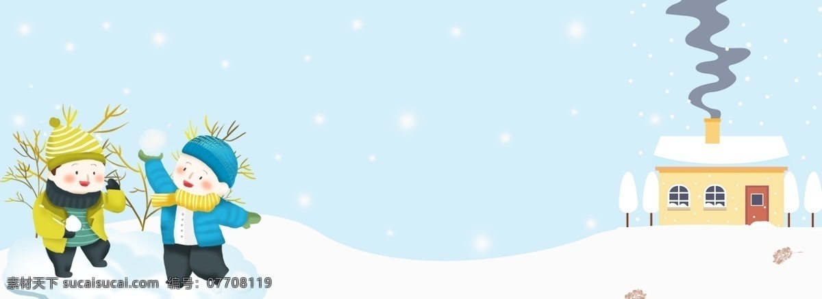 冬天 雪屋 前 打雪仗 背景 雪花 孩子 玩耍 松树 儿童 雪球