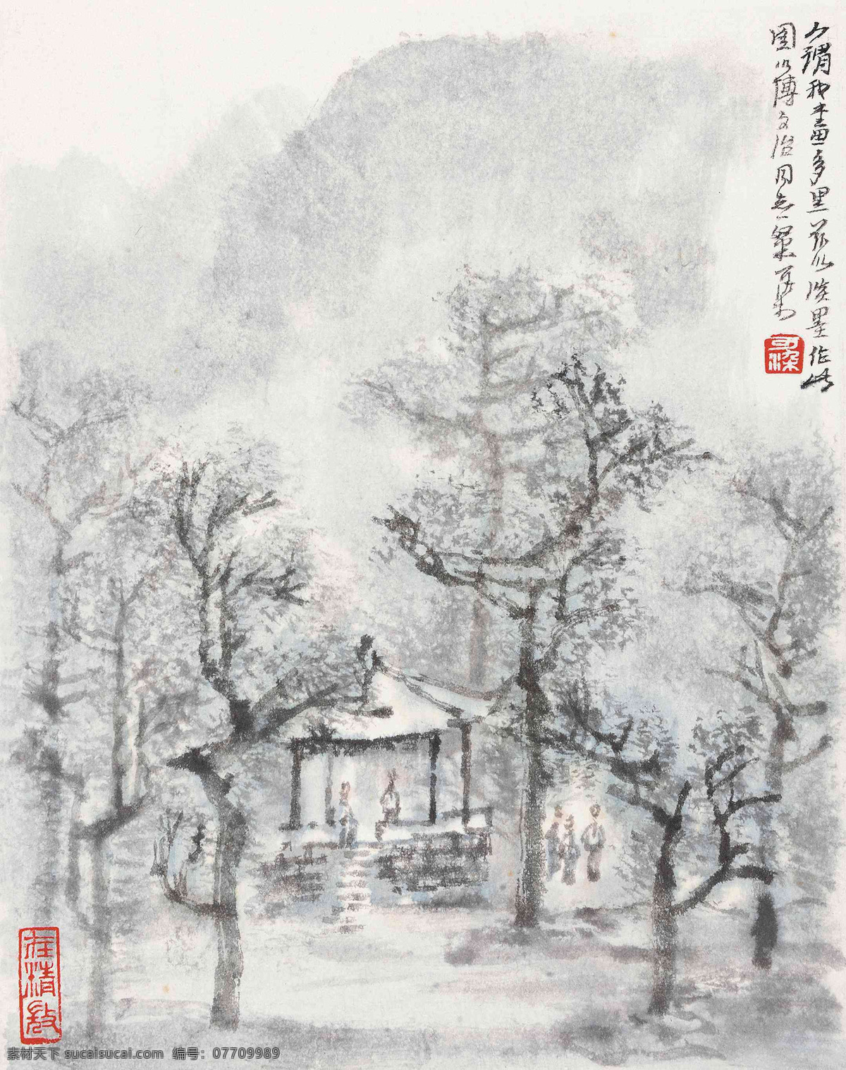 国画 李可染 闲夏 凉亭 乘凉 林间小憩 园林 古典园林 水墨 水墨画 中国画 绘画书法 国画李可染 文化艺术