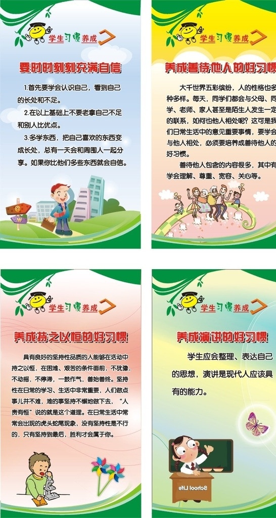 学生 习惯 养成 展板 宣传 学校 卡通 漫画 教育 矢量素材 背景 卡通博士 博士帽 显微镜 实验 黑斑 演讲 一家人 校园教育 展板模板 矢量