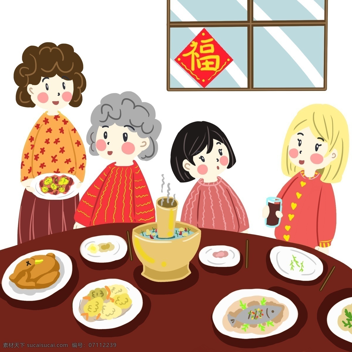 新年 喜庆 家族 聚餐 卡通 手绘 卡通手绘 小清新 新年快乐 美食 家族聚餐 吃火锅 喜庆风 电商装饰 卡通小猪 猪年快乐