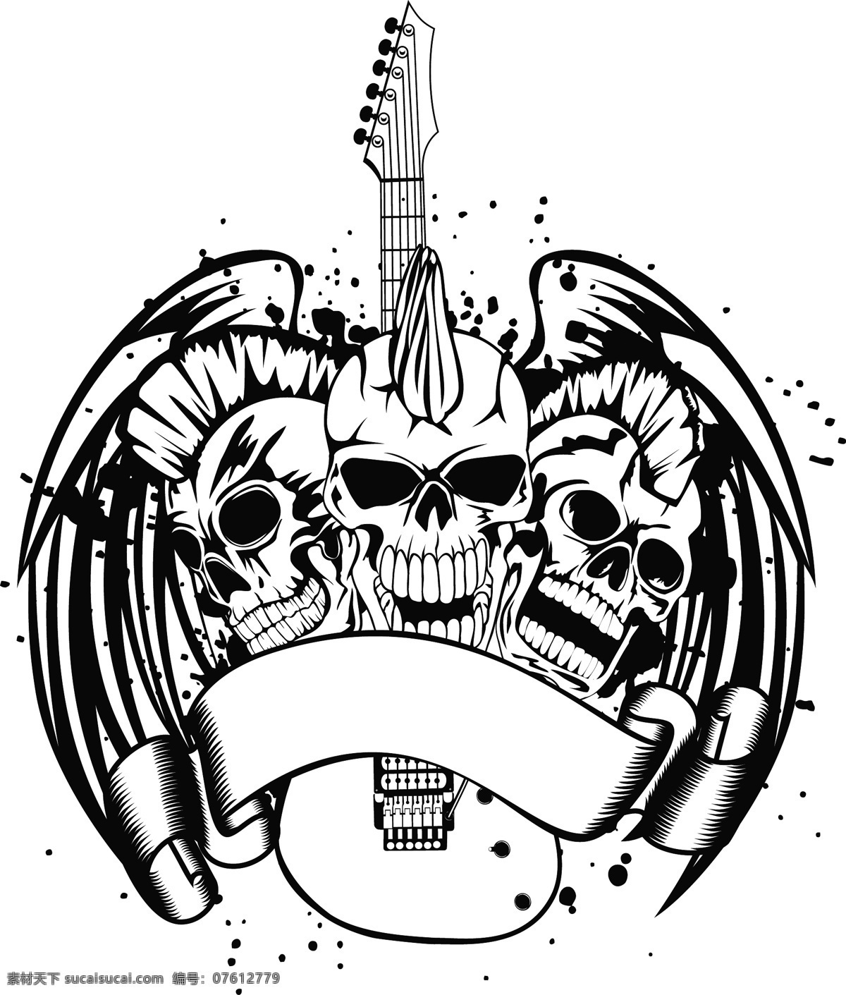 骷髅 吉他 矢量图 麦克风 翅膀 双翼 吉他乐器 摇滚音乐 音乐海报 影音娱乐 生活百科 矢量素材 白色
