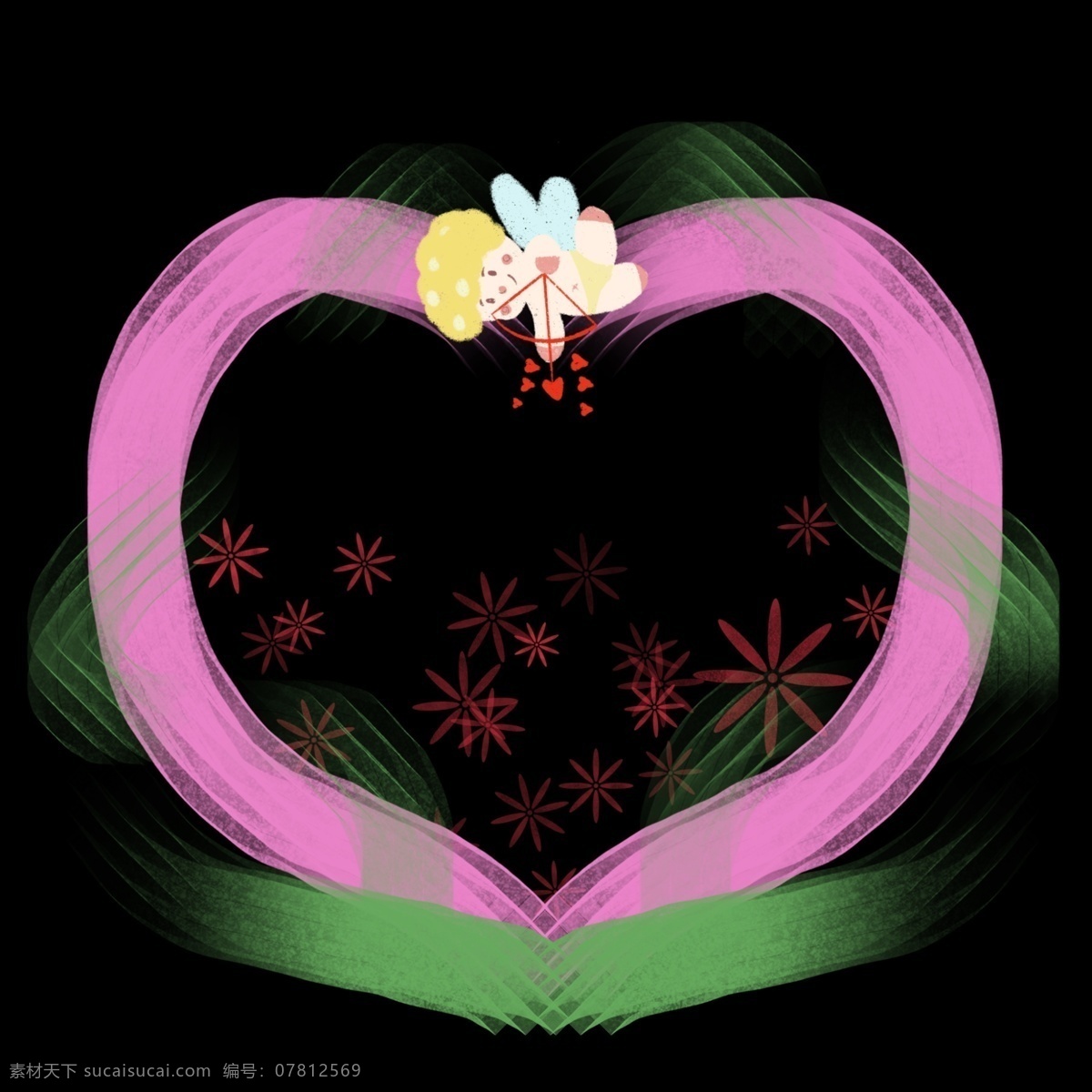 214 情人节 丘比特 粉色 边框 爱神 小天使 爱心 爱情 绿色 花瓣