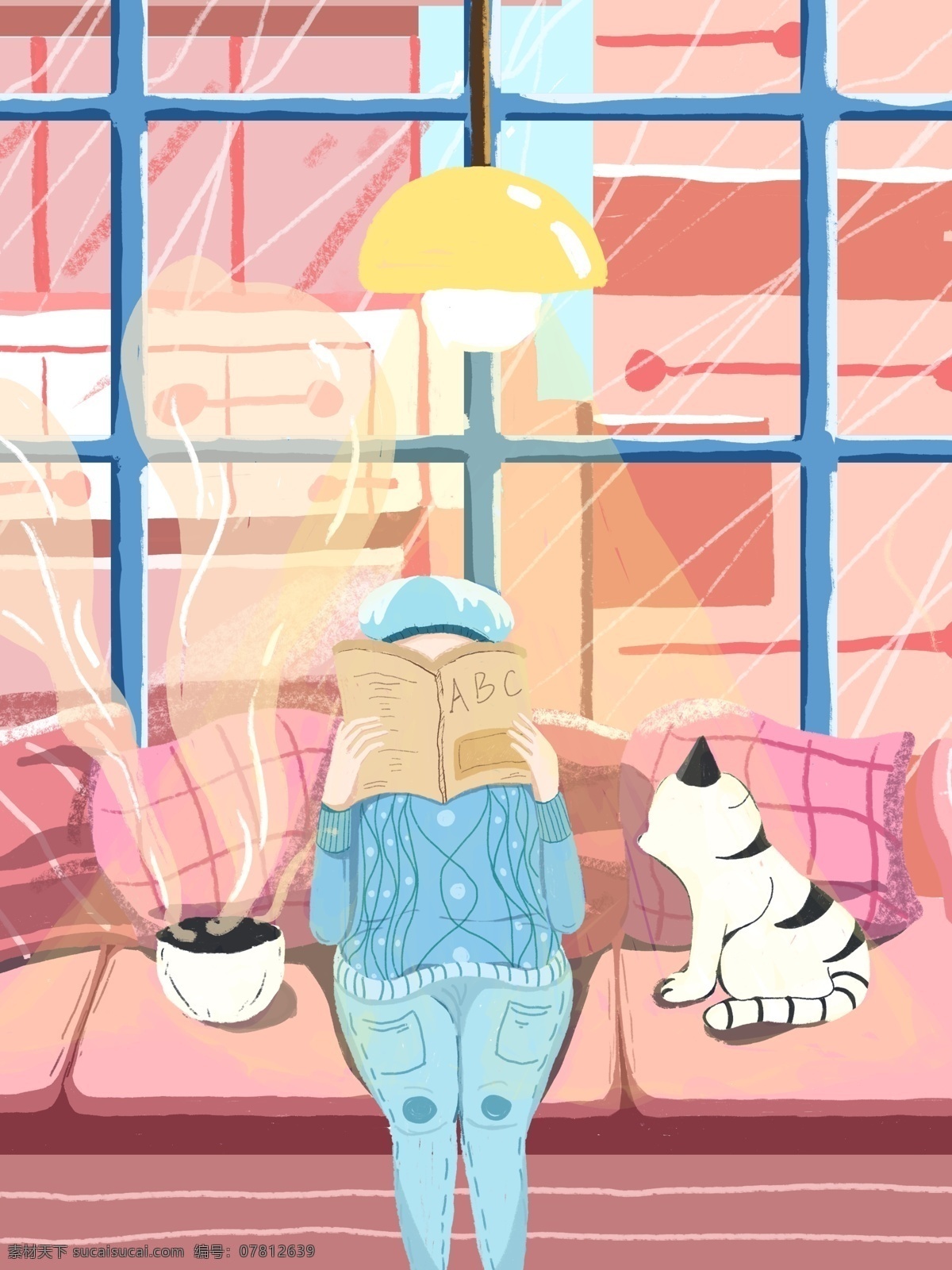 谷雨 房间 落地窗 女孩 看书 猫咪 下午 茶 灯光 沙发 插画