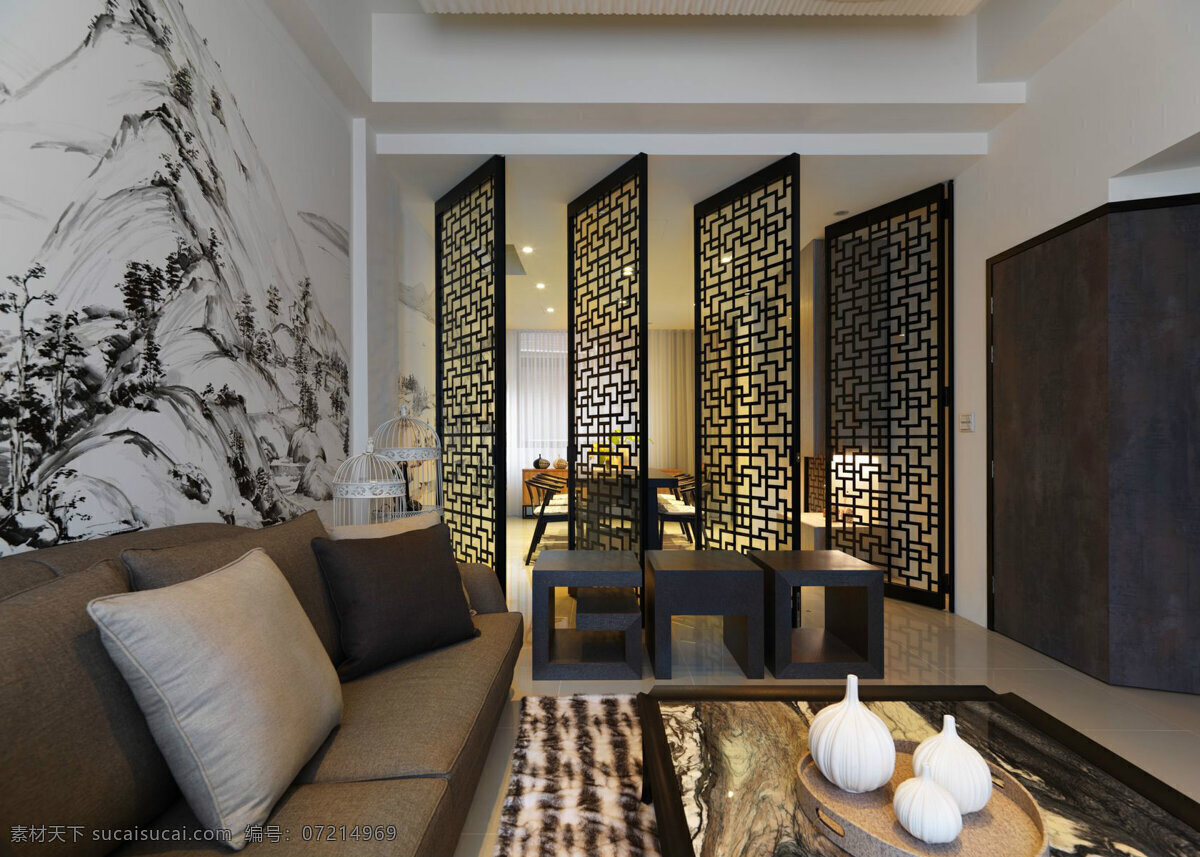 中国 风 客厅 花纹 地毯 装修 效果图 方形茶几 花纹沙发背景 灰色沙发 屏风 浅色地板砖