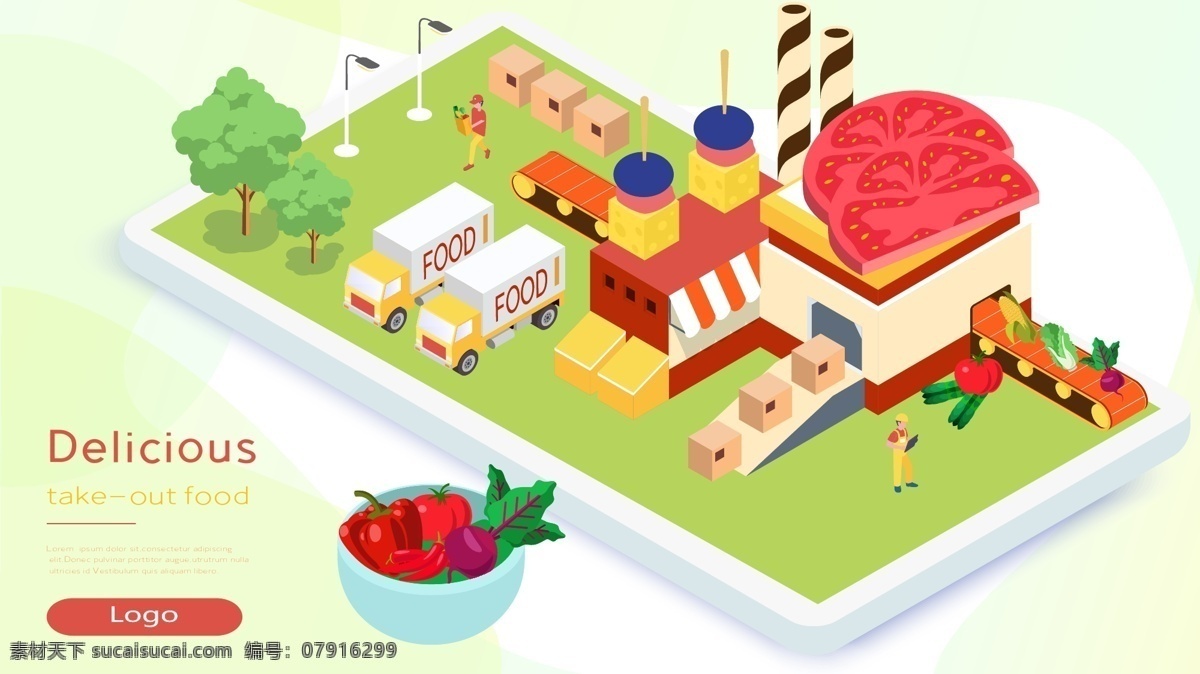 创意 蔬菜 沙拉 生产 美食 工厂 d 矢量 插画 货车 番茄 萝卜 快递员 生活方式