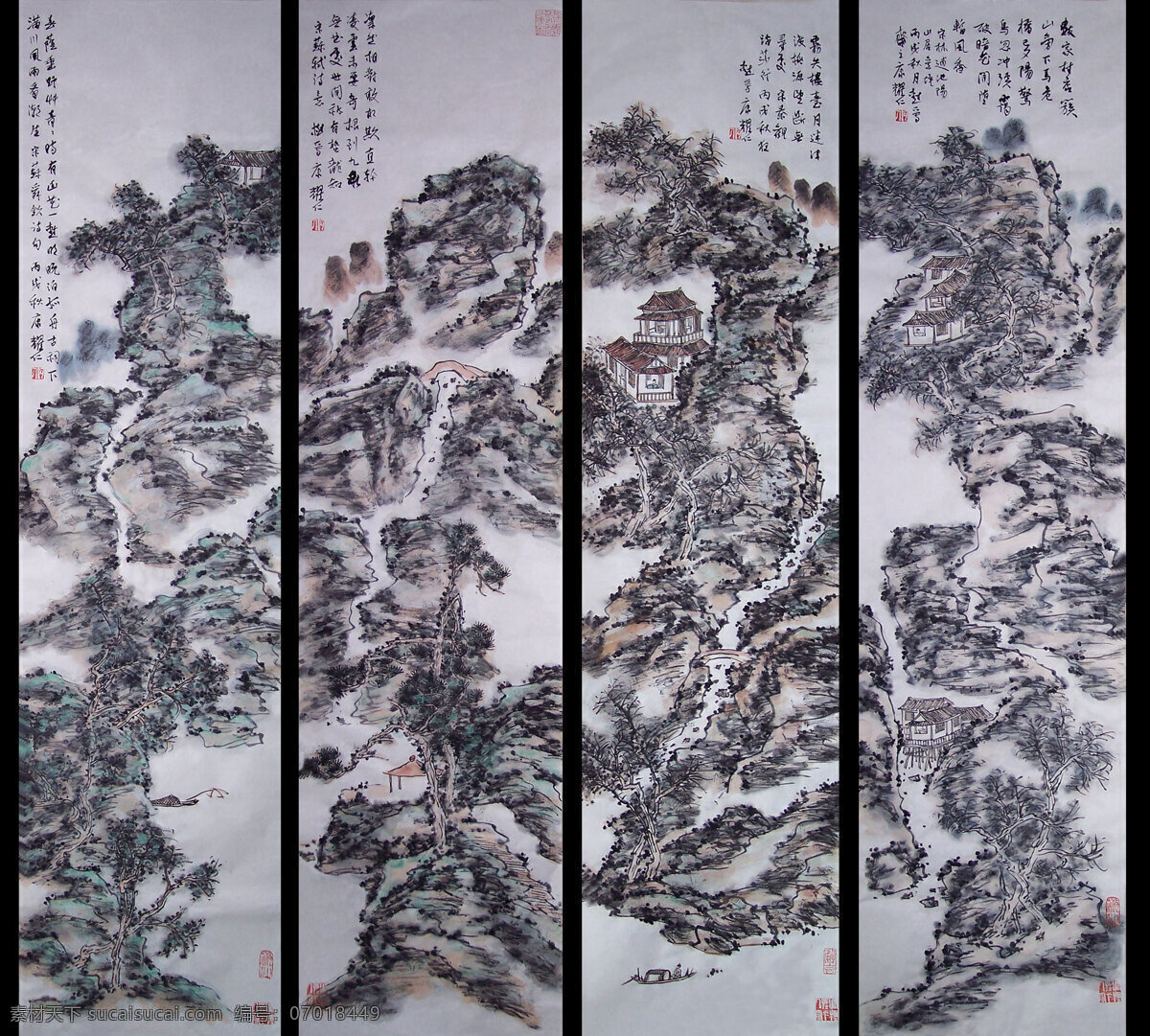 水墨屏风 四格 国画 水墨画 文化 古朴 古玩 字画 绘画书法 文化艺术