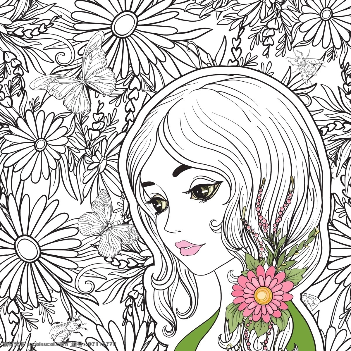 手绘 动漫 少女 矢量 插画 黑色 花朵 卡通 可爱 绿色 免扣素材 素材合集