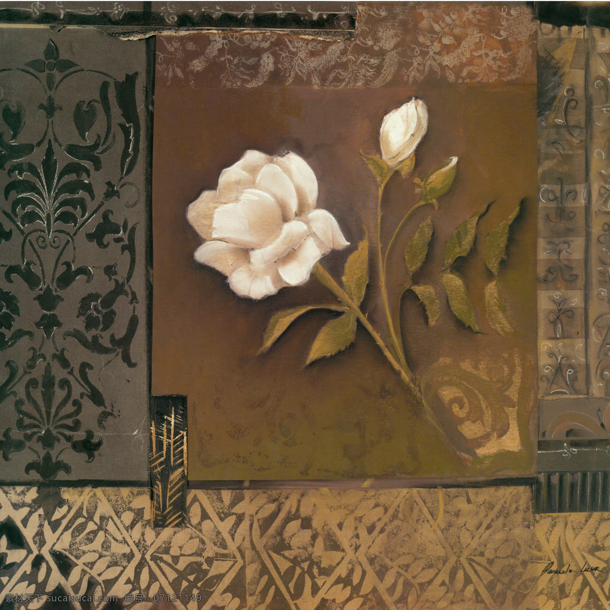 美丽 白 玫瑰 油画 国画 手绘 鲜花 植物 插画 水墨画 其他艺术 文化艺术 黑色