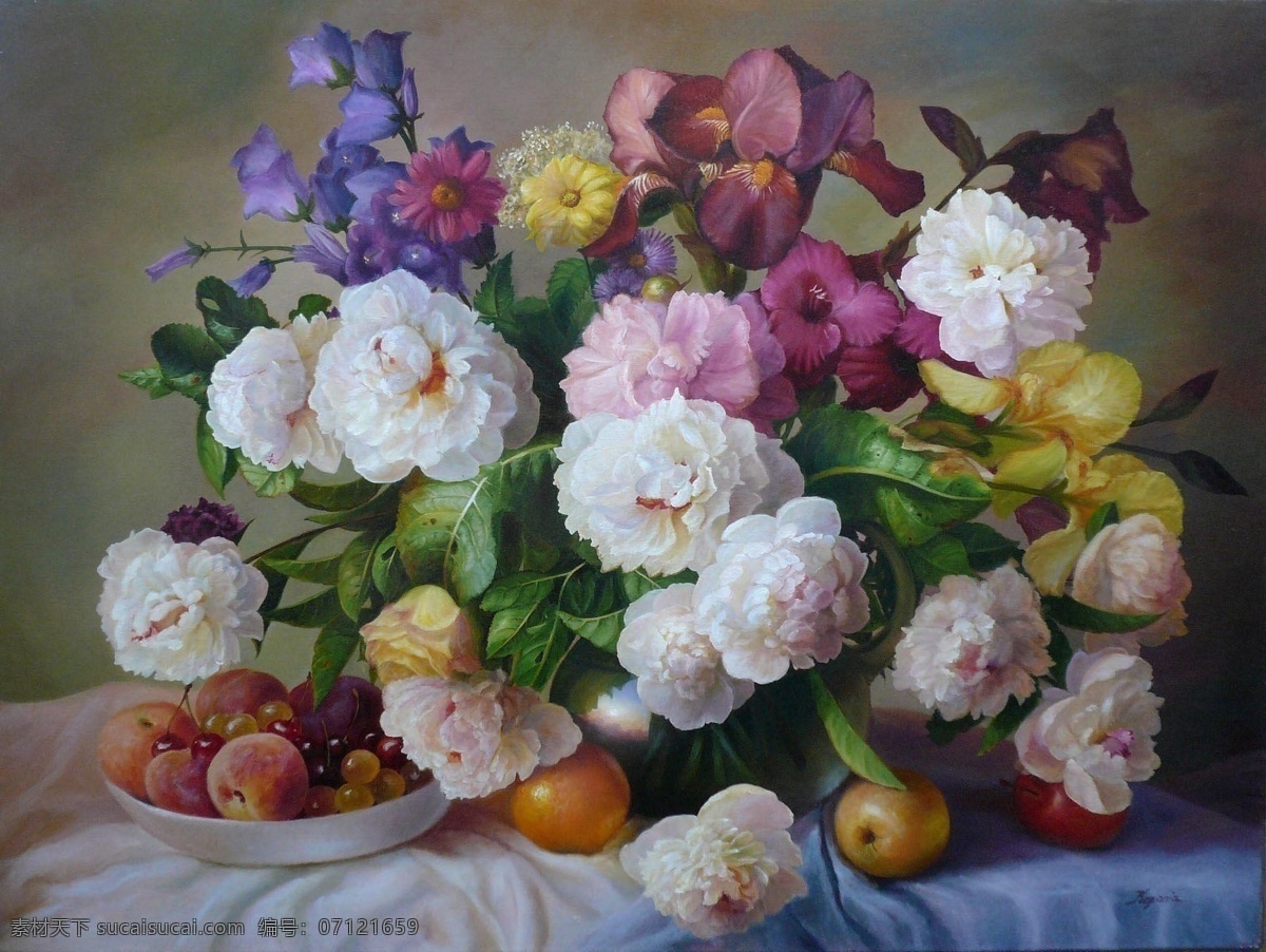 壁画 碟子 花 花束 绘画 绘画书法 绿叶 苹果 鲜花 水果 桃 葡萄 桌布 油画 果 装饰画 艺术 72dpijpg 文化艺术 装饰素材