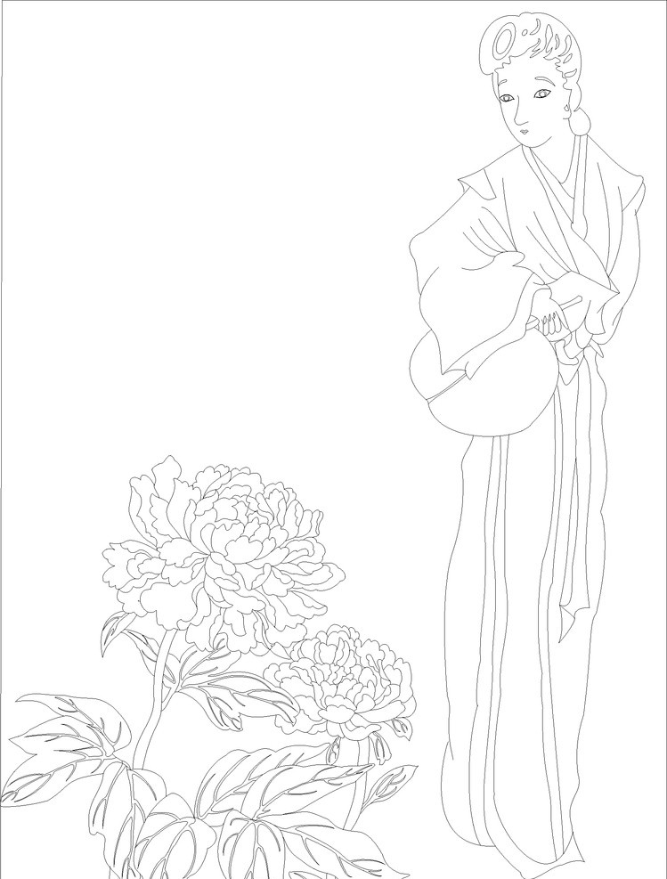 单线 矢量 古代 仕女 赏 牡丹 白描 线稿 线条 雕刻 艺术玻璃 绣花 适合 传统文化 文化艺术
