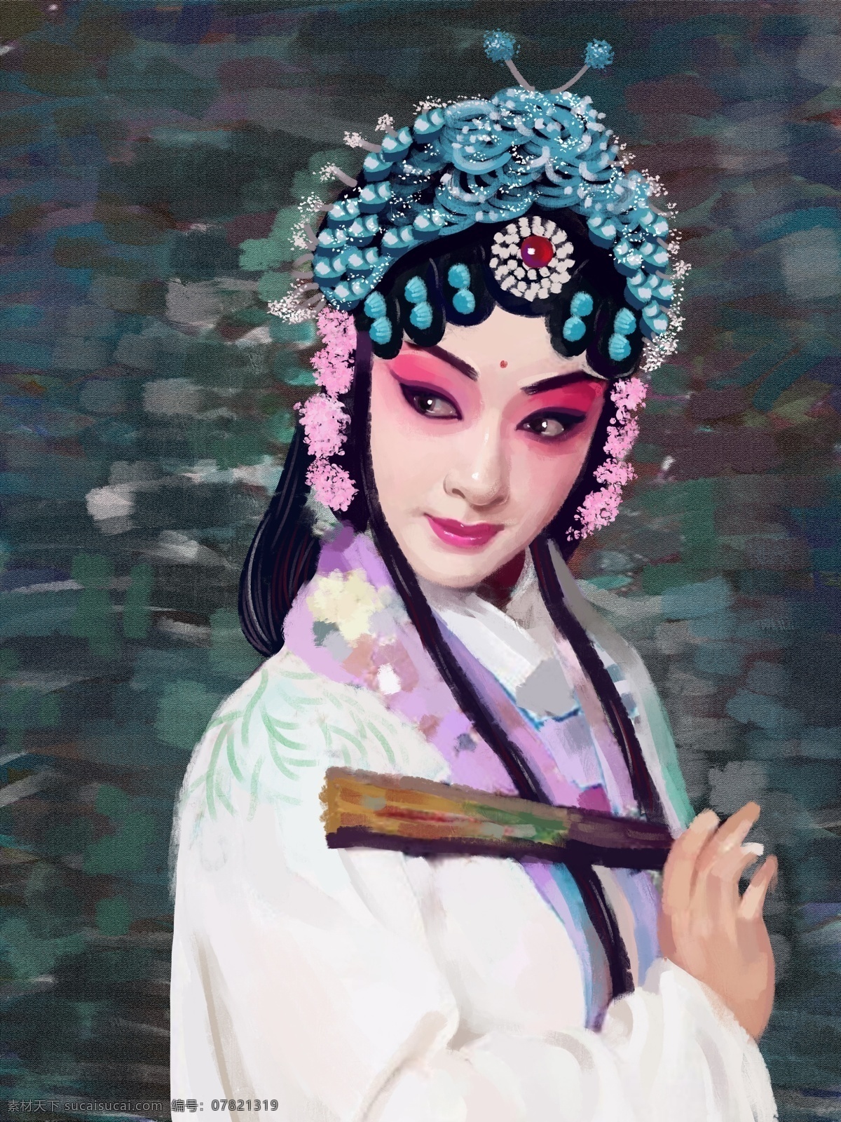 印象 中国 风 花旦 肌理 写实 油画 风格 插画 海报 中国风 京剧 扇子 中国印象 花 兰花指 娇羞