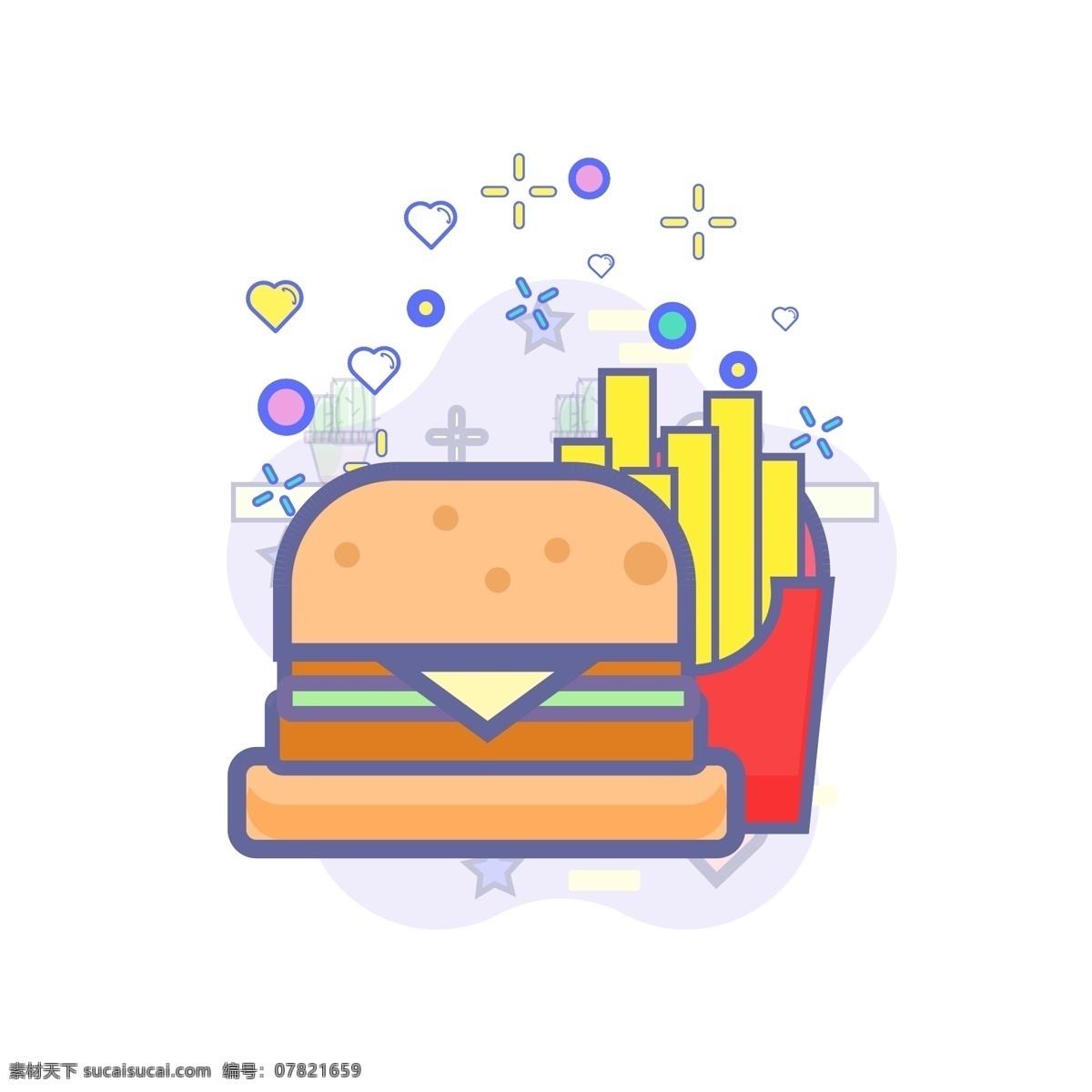 餐饮 食物 图标 几何 装饰 元素 汉堡 薯条 肉