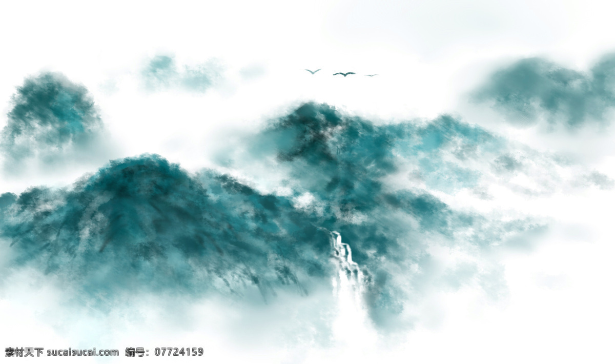 水墨山水 意境 中国风 远山 群山 瀑布 云烟 国画 自然景观 自然风光
