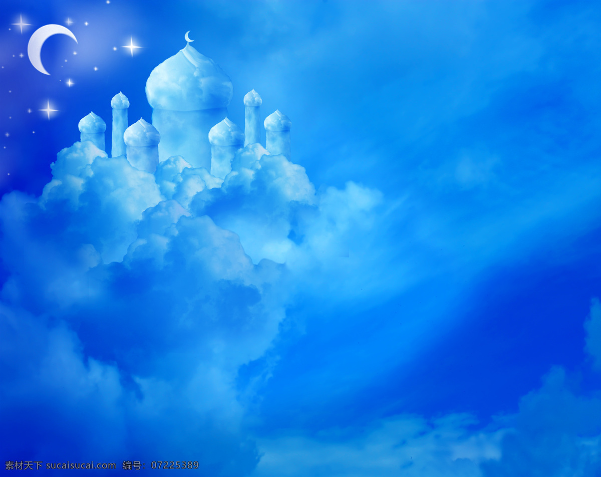 童话背景 风景漫画 空中城堡 古堡 蓝天 白云 月亮 星星 弯月 浪漫 温馨 梦幻 童话 堡垒 云做成的城堡 儿童世界 儿童背景 科幻 浪漫背景 梦幻背景 动漫动画