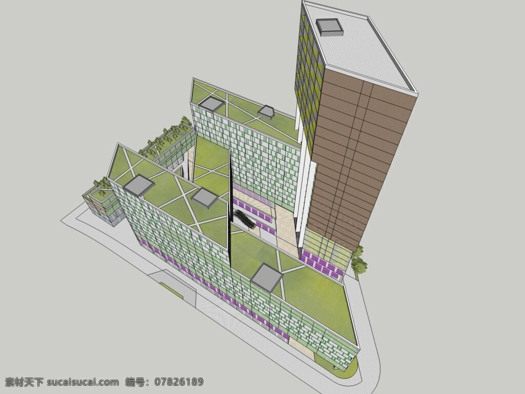 综合商业建筑 高楼 外观 建筑 商业 模型 skp 灰色