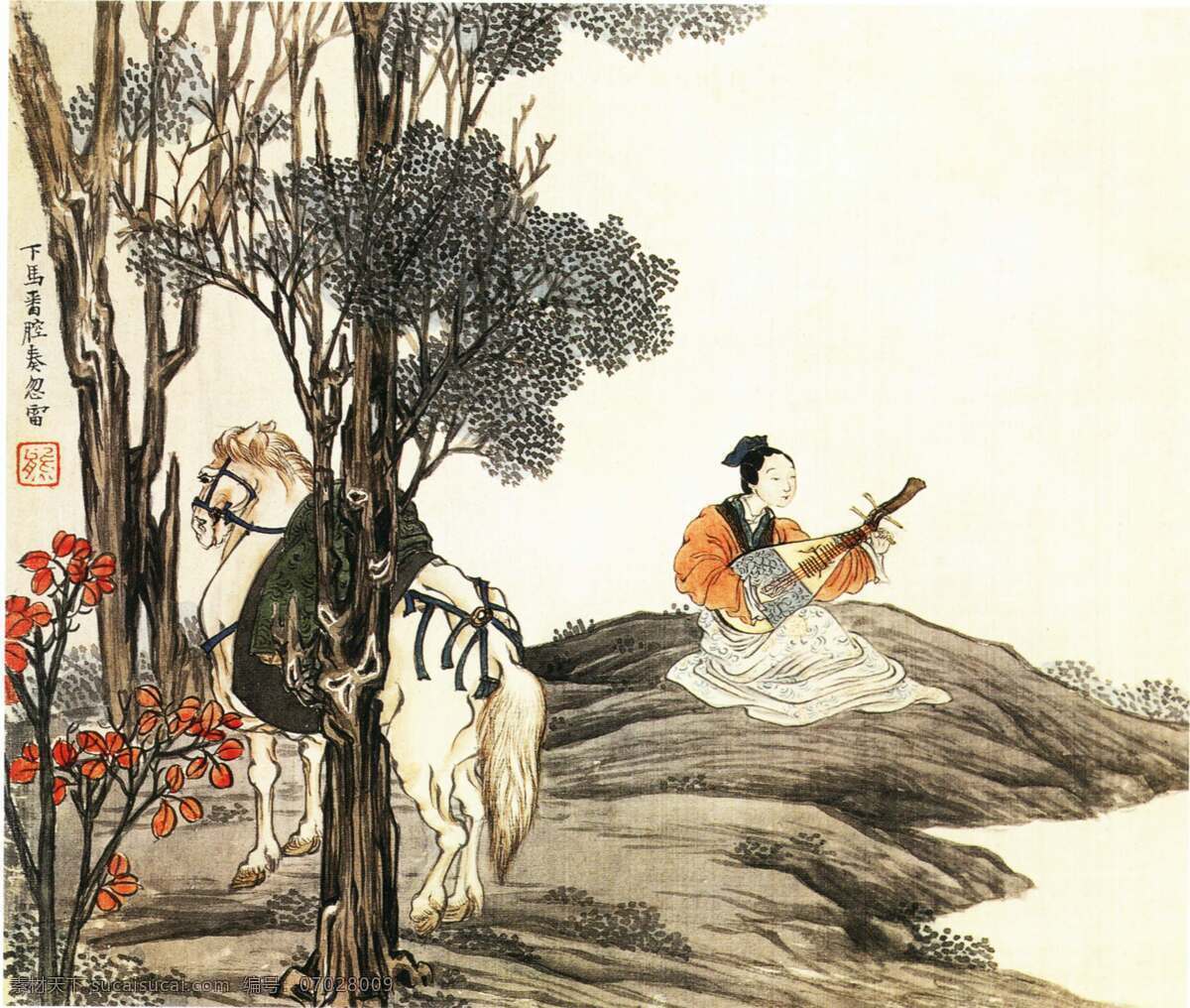 中国画 松石 山水 美女 琵琶 白马 文化艺术 绘画书法 设计图库