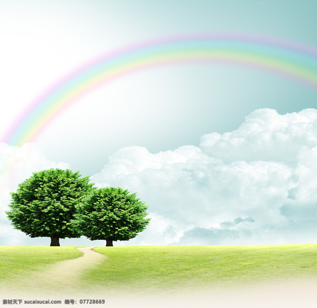 树木 小路 蓝天 彩虹 白云 草地 风景 美丽 大树 天空 自然景观 自然风光