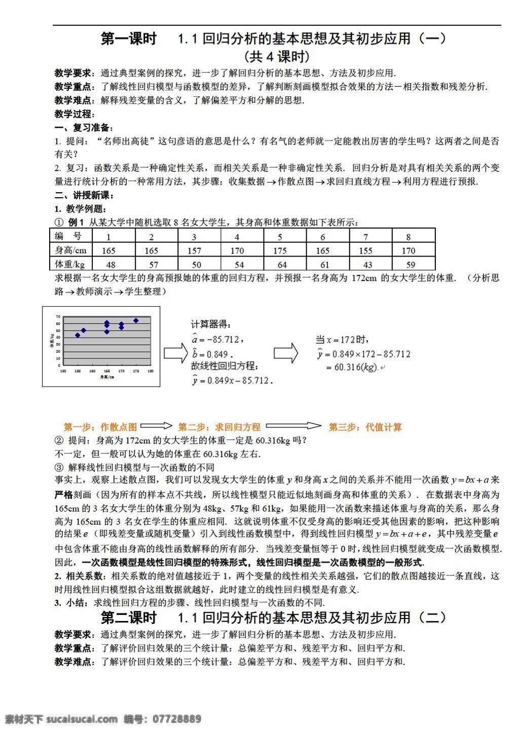 数学 人教 新 课 标 a 版 回归 分析 基本 思想 及其 初步 应用 教案 选修 选修12