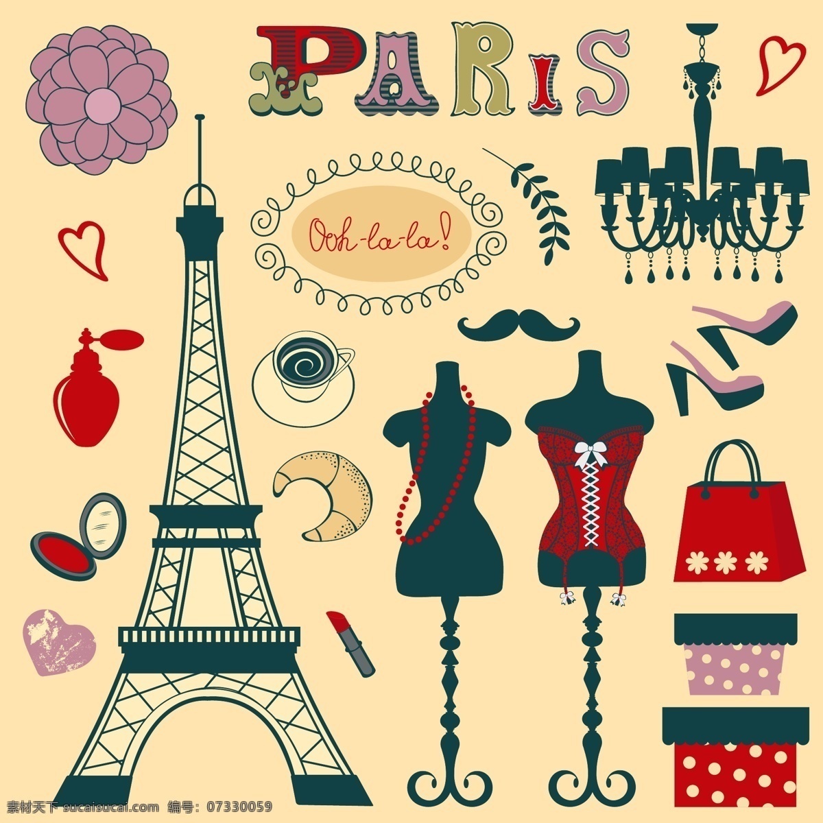 巴黎 旅游 元素 矢量 巴黎旅游元素 矢量素材 矢量图 铁塔 服装 手袋