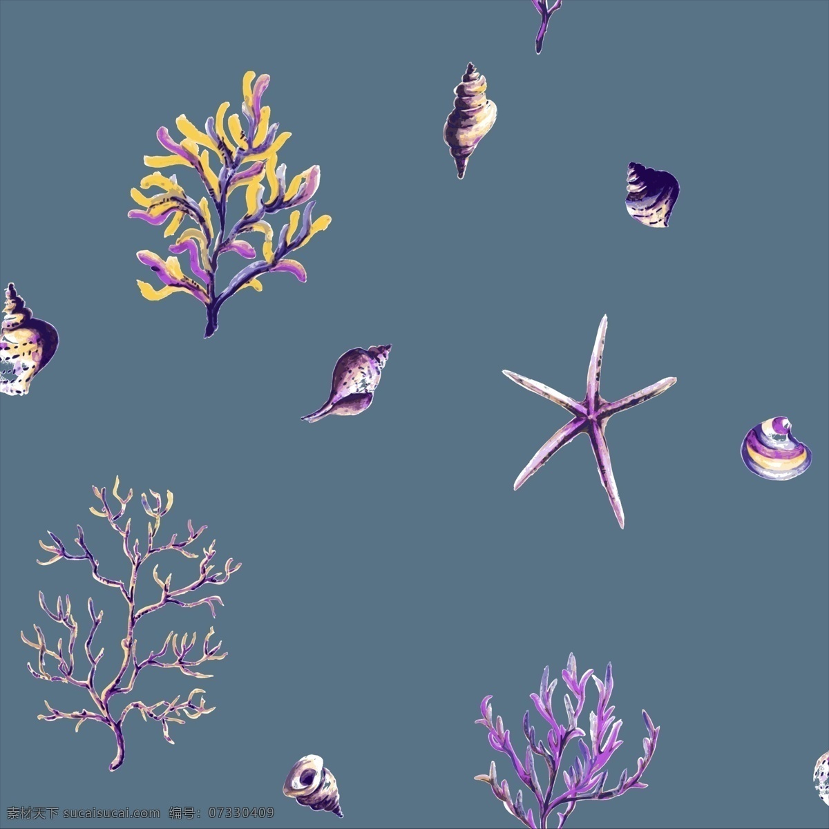海草 海星 珊瑚 贝壳 蓝色 紫色 儿童 分层 背景素材