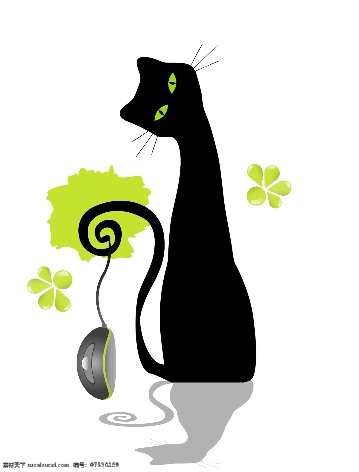 优雅的猫 卡通 动物 可爱 卡通生物 黑猫 优雅 鼠标 陆地动物 生物世界 矢量素材 白色