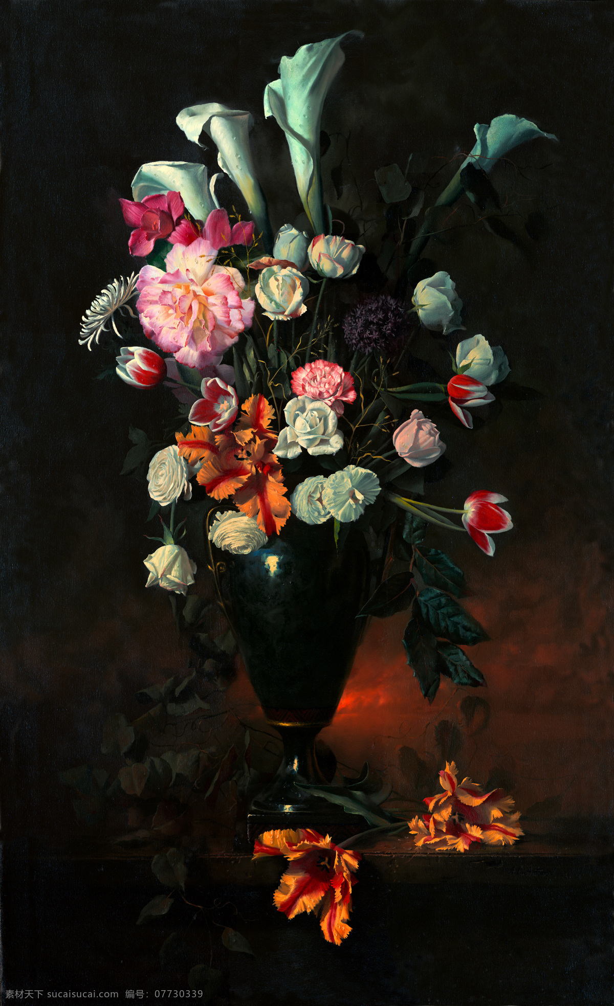 白玫瑰 粉玫瑰 粉色 黑色 红色 花瓶 花束 绘画书法 静物 写生 油画 马蹄莲 康乃馨 枯枝 枯叶 陶瓷 远光 照射 橘色 温暖 静谧 文化艺术 家居装饰素材
