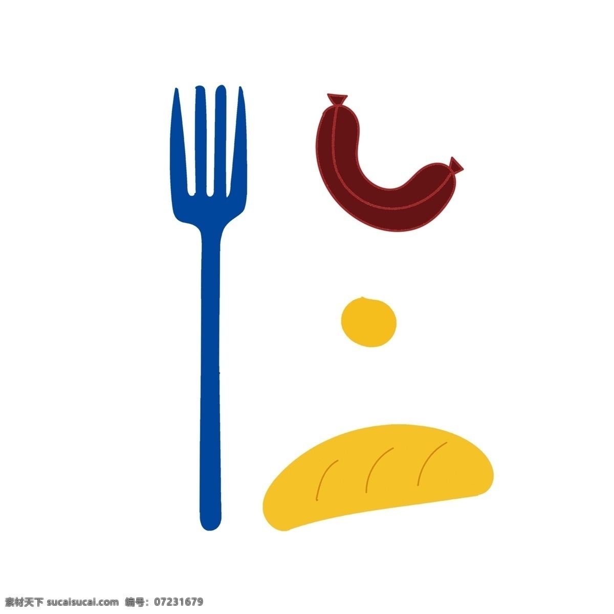 手绘 卡通 早餐 食品 叉子 免 抠 元素 手绘画 食物 面包 煎蛋 装饰图 免抠图 抠图 插画 香肠
