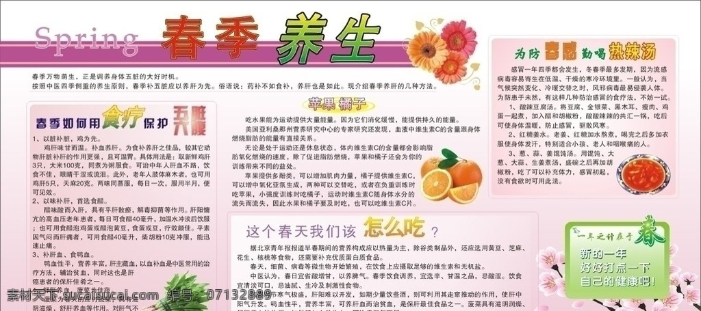 春季养生展板 春季养生 花 展板 梅 菠菜 热辣汤 苹果 橘子 春天 养生 矢量 展板模板