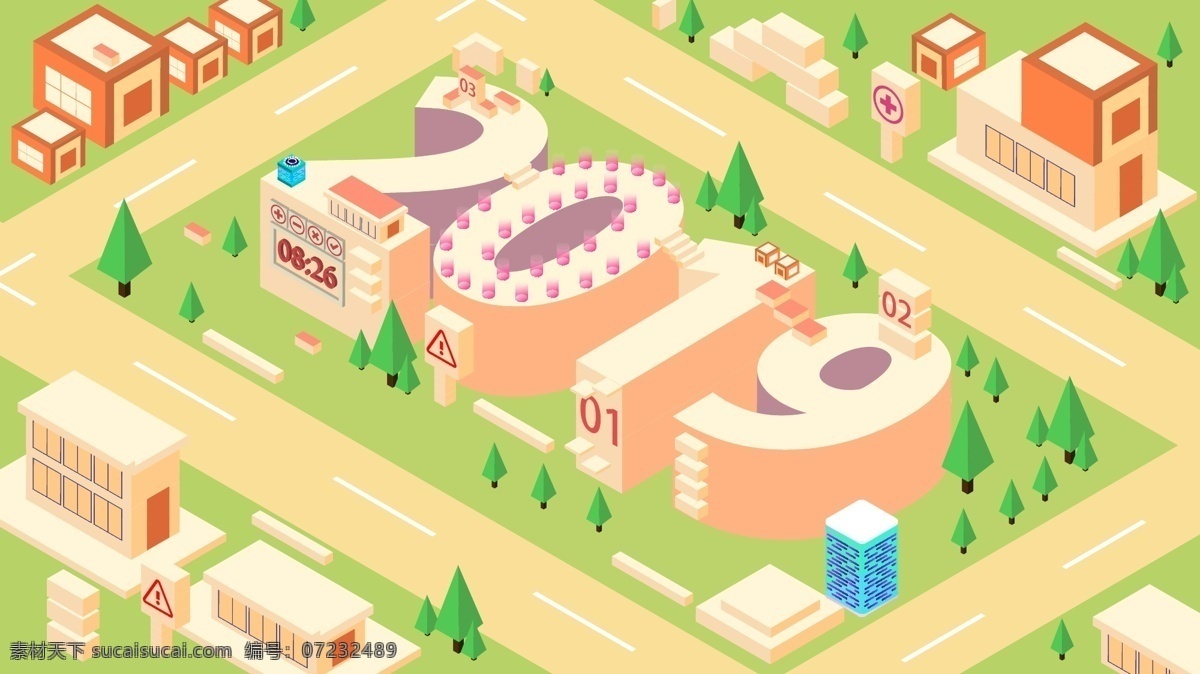 d 矢量 插画 2019 你好 城市 场景 绿地 公路 森林城市 banner 创意 闪屏 启动页