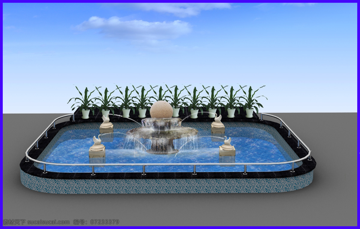 水池 风水球 喷水 不锈钢栏杆 水景 马赛克贴面 大理石压顶 景观设计 环境设计