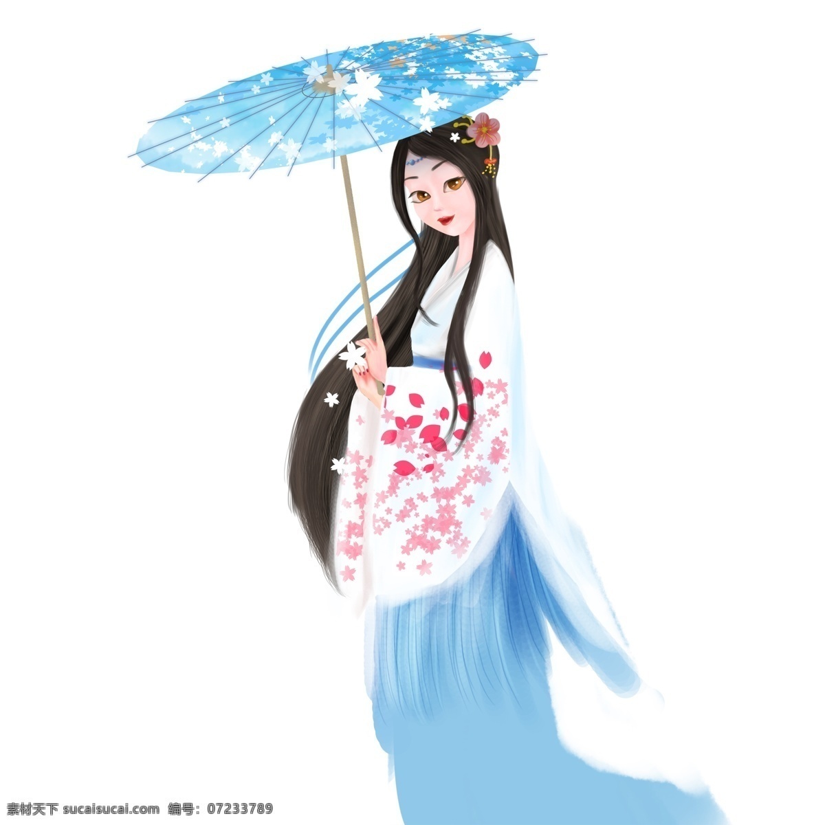 清新 手绘 撑 油纸伞 少女 古风 中国风 卡通 人物 女生
