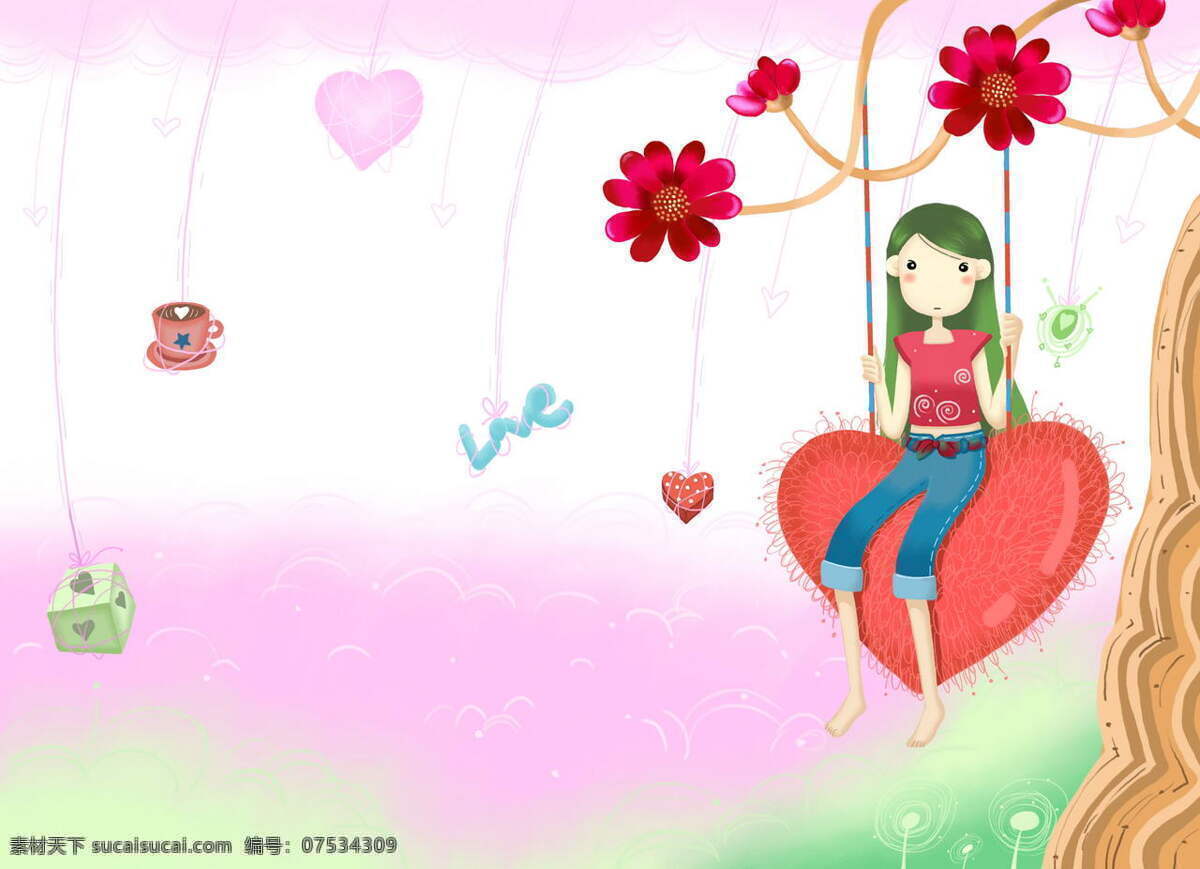 坐在 愛 心 女生 愛心盪鞦韆 jpg圖片 夢幻女生 紅色花朵 卡通 动漫 可爱