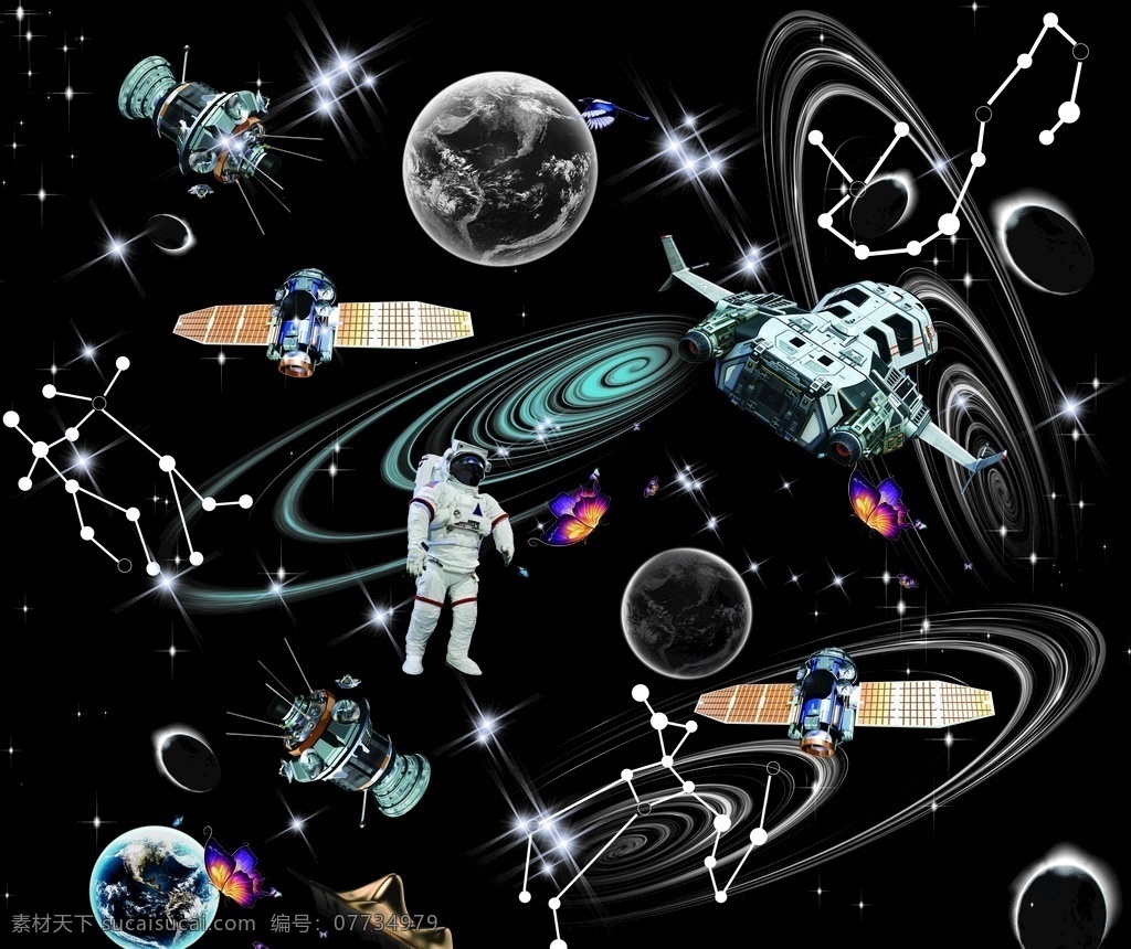星球 飞船图片 男装 印花 大牌 彩色 图案 分层 背景素材