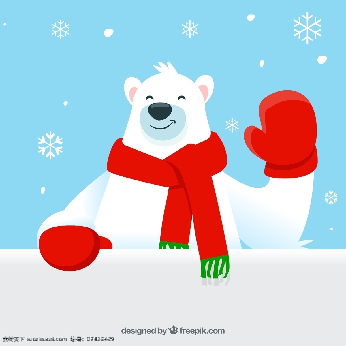 可爱 打招呼 北极熊 矢量 冬天 动物 节日 卡通 圣诞节 围巾 雪花