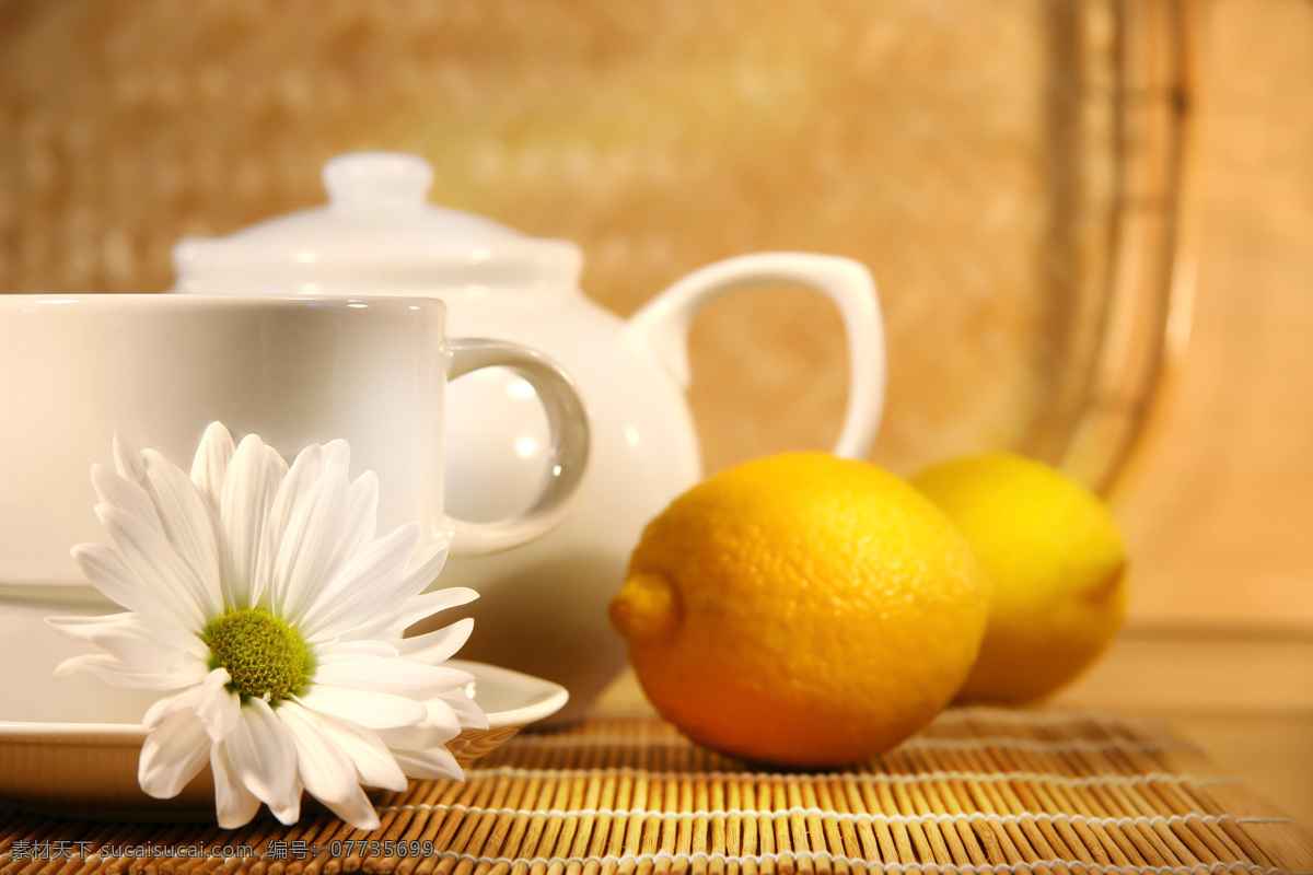 茶杯 柠檬 水果 茶壶 白色菊花 生物世界 茶道图片 餐饮美食