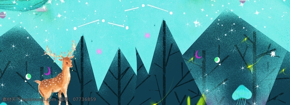 梦幻 森林 鹿 banner 植物 树木 清新 唯美 绿色 树林 环境 草地 背景
